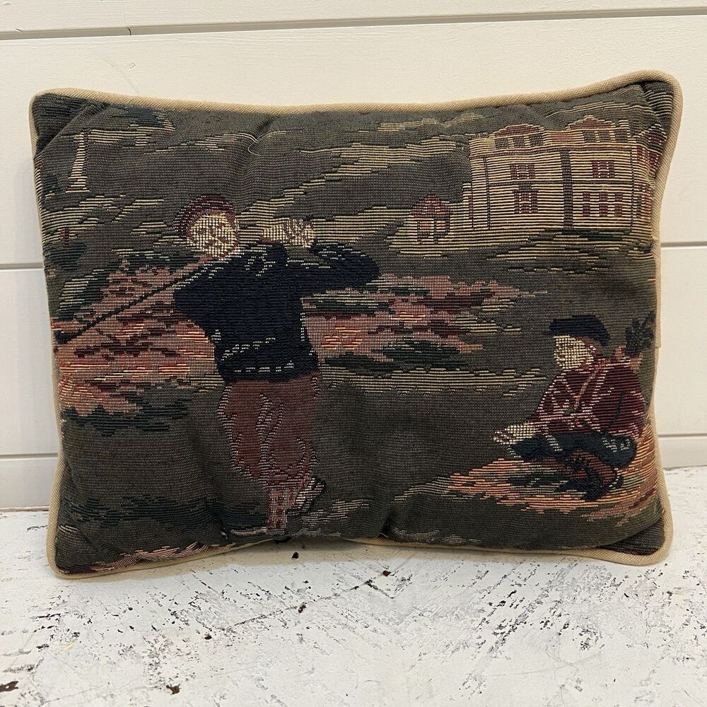TapestryThrow Pillow Golf Scene  11.5 X 9 Inches Green & Brown Cushion